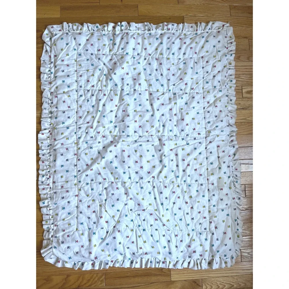 Vintage 80s Baby Quilt Blanket Ruffled Teddy Bear Pig Sheep Alphabet White 44x34
